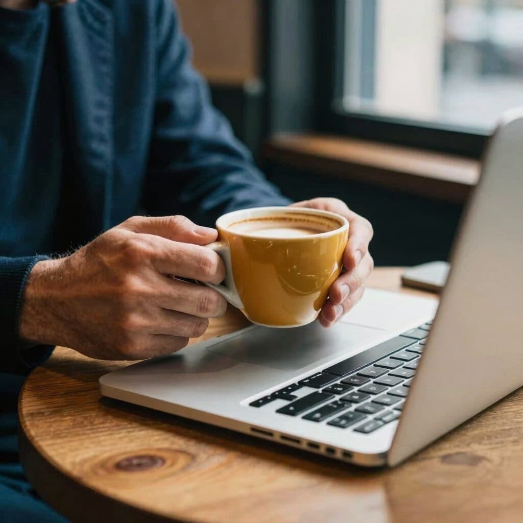 Imprenditore con un caffè al laptop